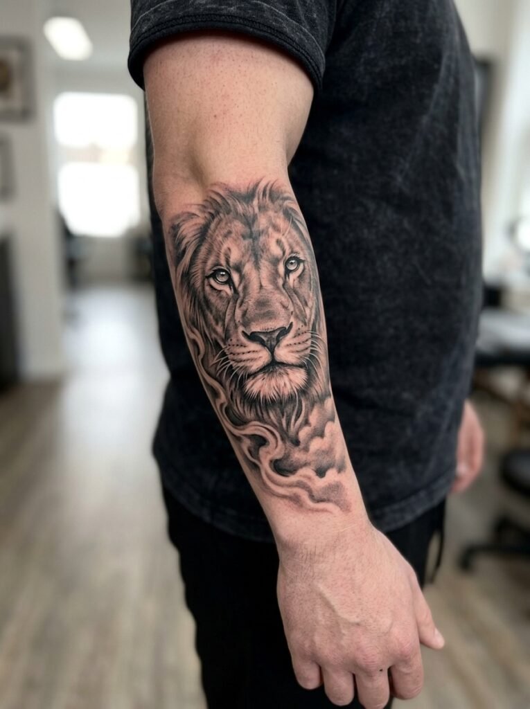 realism lion forearm tattoo