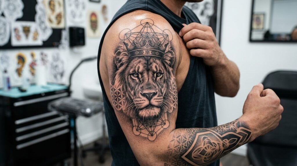 lion geometric sleeve tattoo