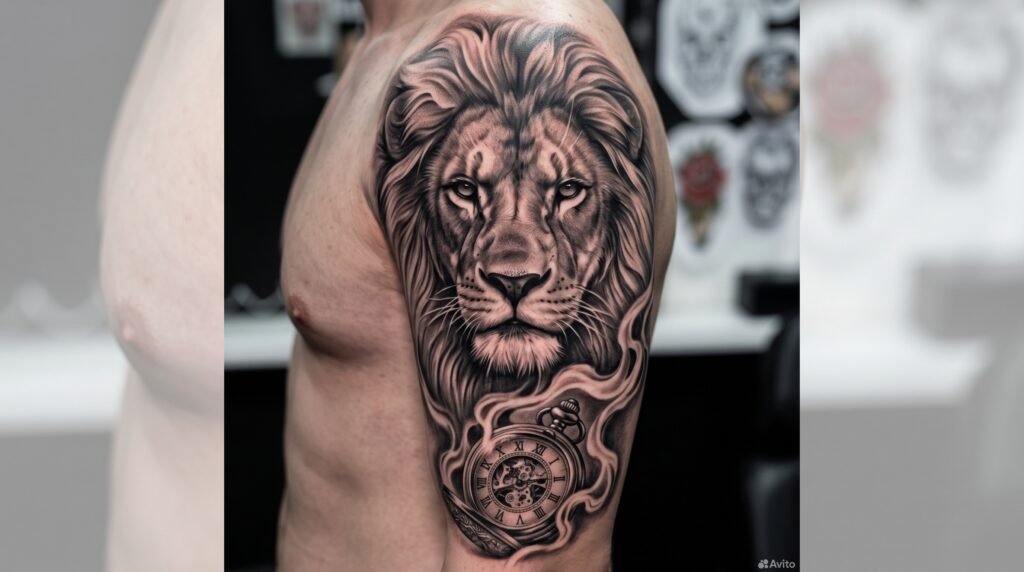 realistic lion sleeve tattoo