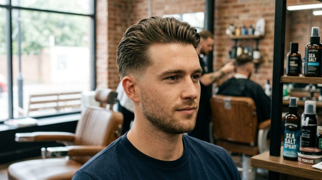 medium slick back mid fade