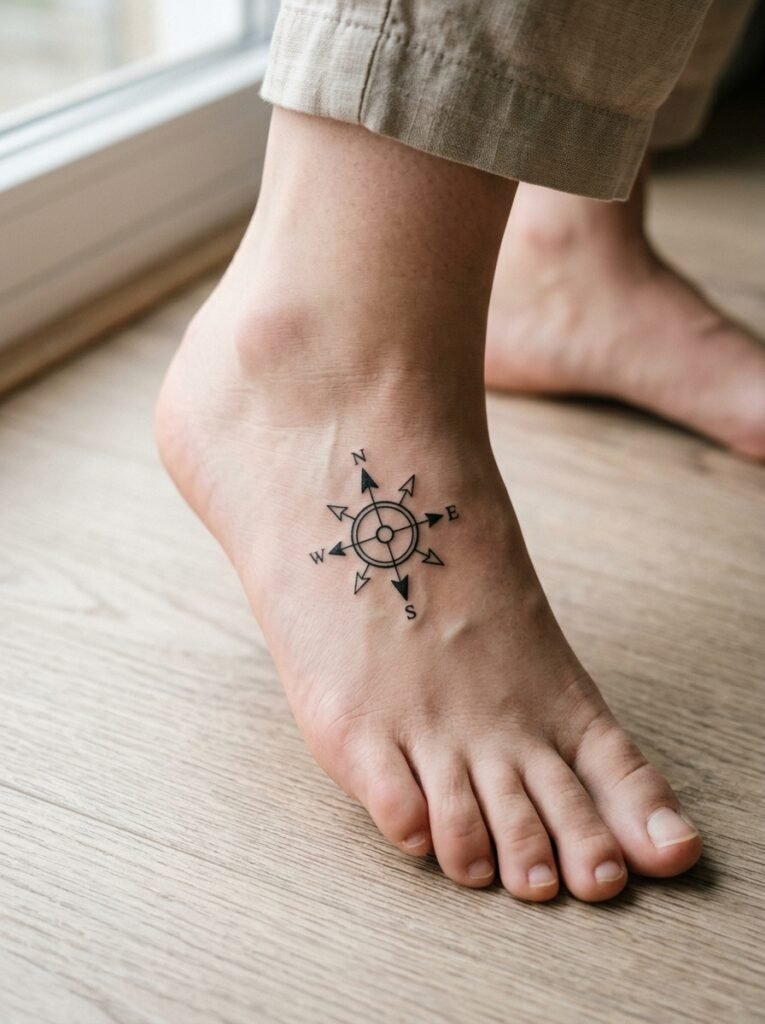 Minimal compass foot tattoo