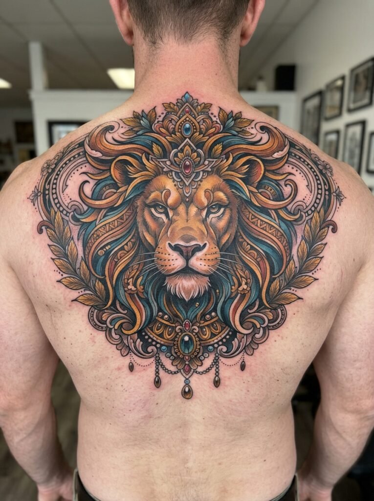 neo traditional lion tattoo