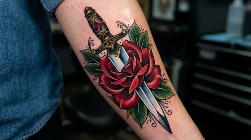 neo traditional rose dagger tattoo