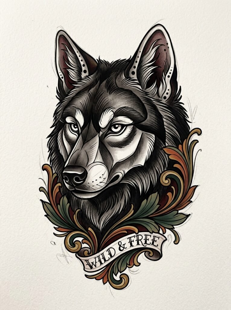 neo-traditional wolf tattoo