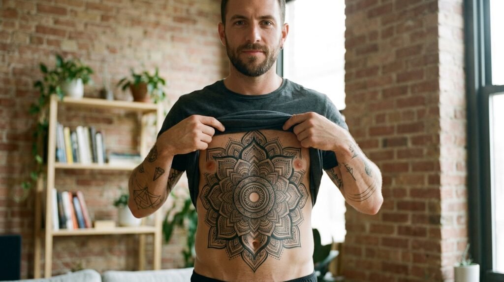 mandala belly tattoo men