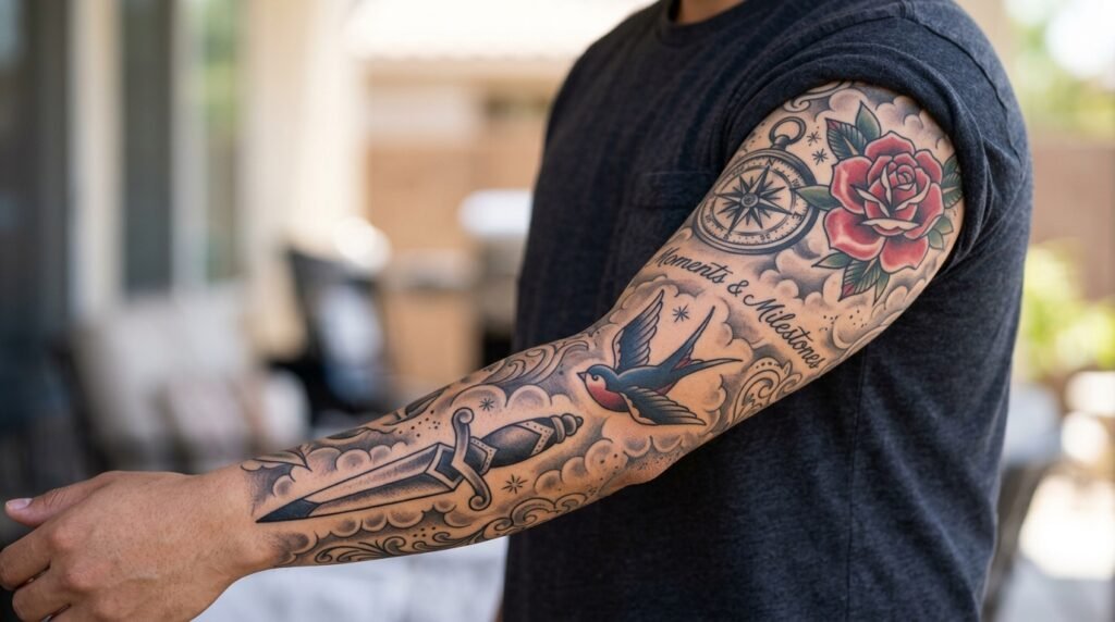 patchwork sleeve tattoo