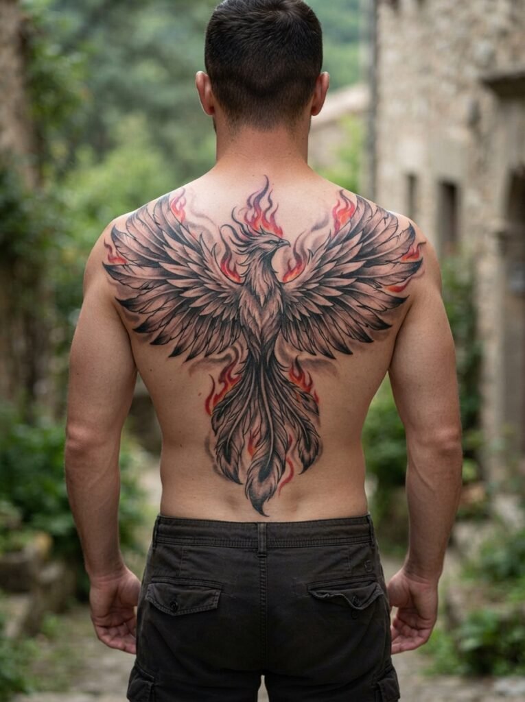 phoenix upper back tattoo