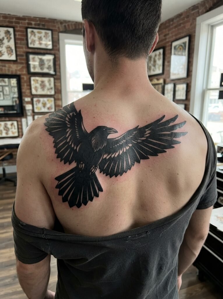 blackwork shoulder blade tattoo