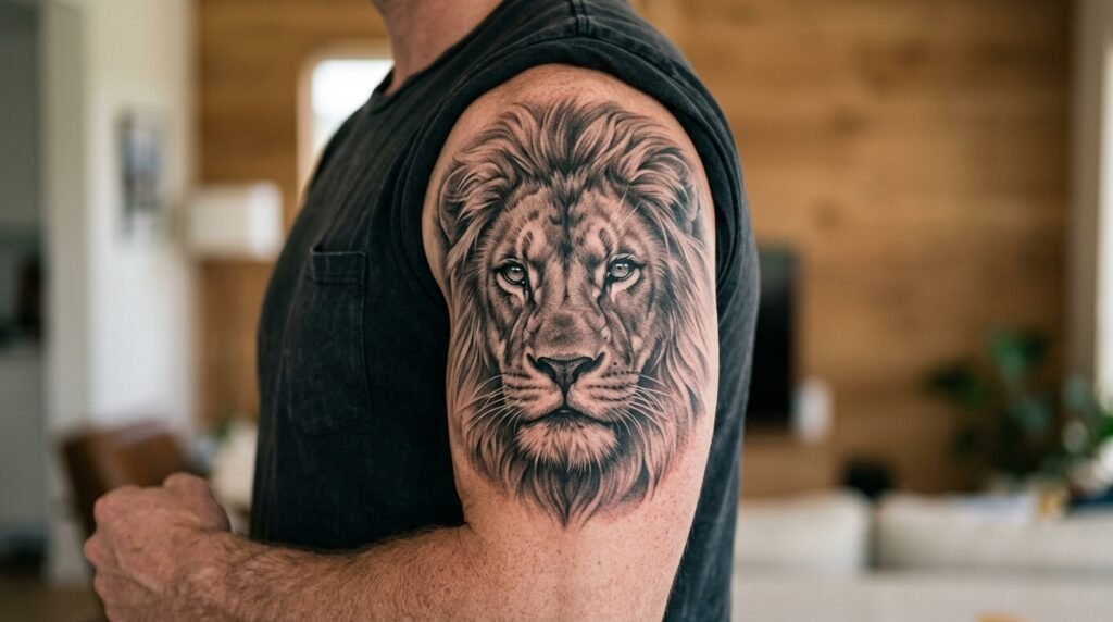 realistic lion upper arm tattoo