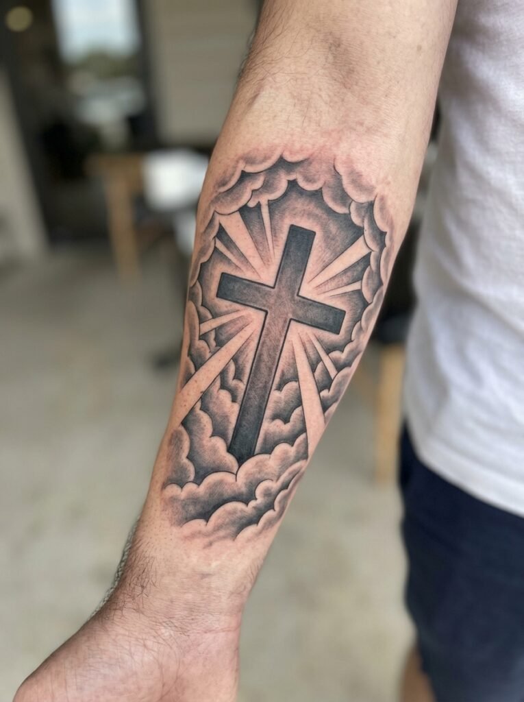 religious forearm tattoo