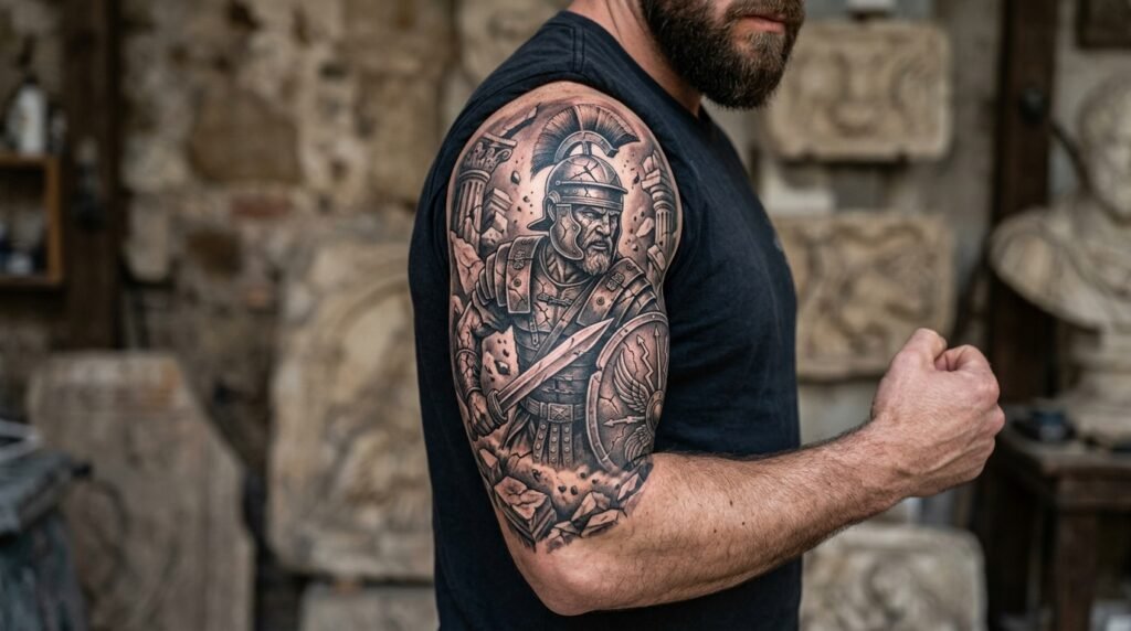 Roman warrior sleeve tattoo