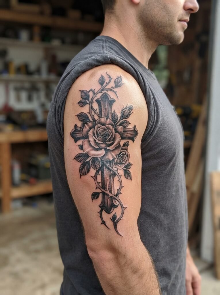 Rose Cross Bicep Tattoo Ideas