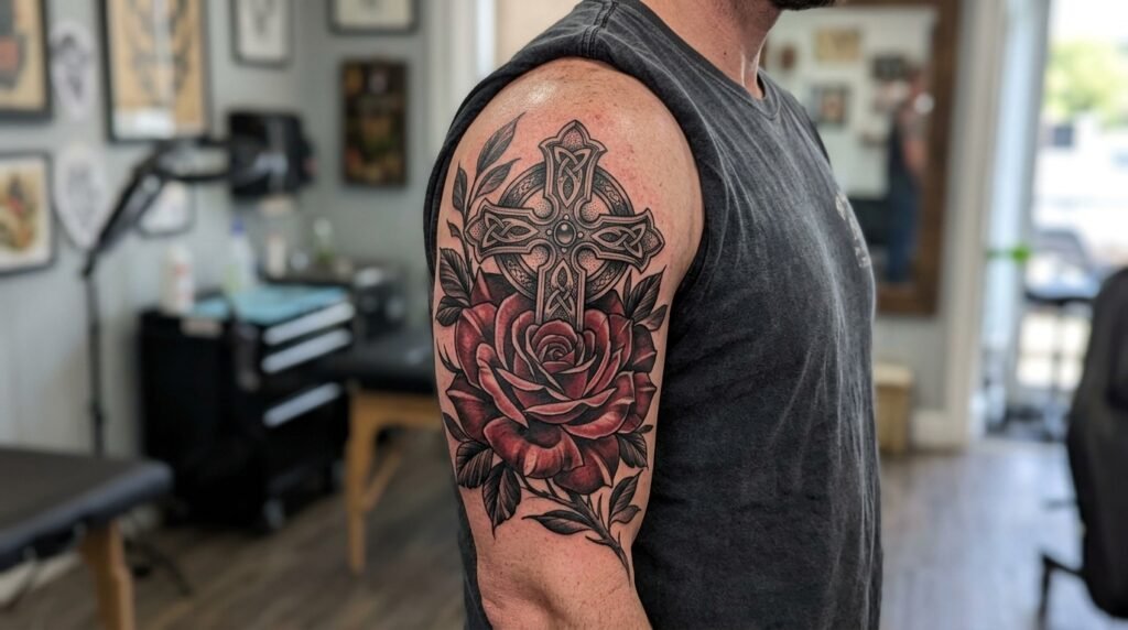 rose cover up upper arm tattoo