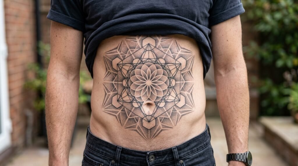 geometric belly tattoo men