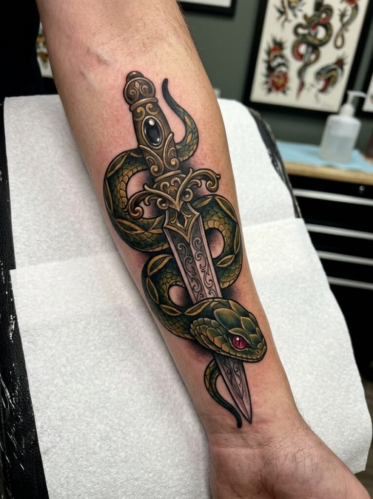 neo-traditional snake tattoo