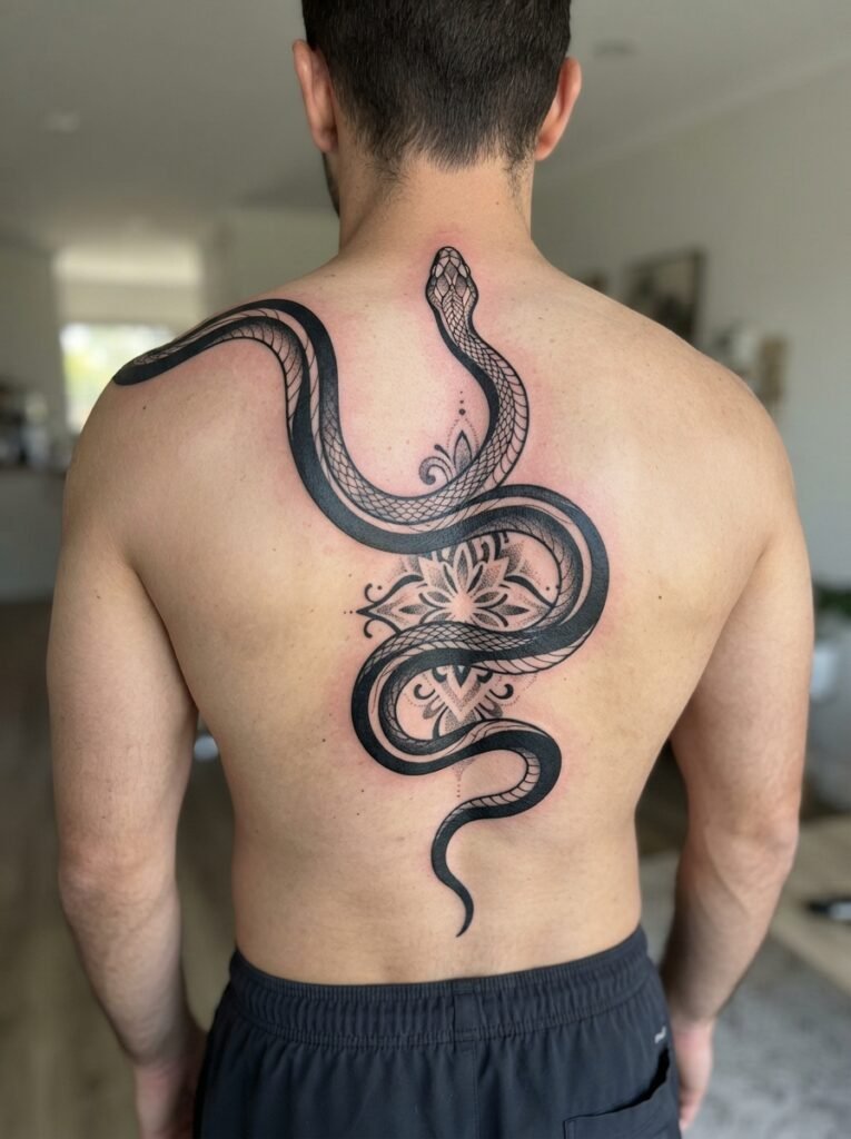 snake upper back tattoo