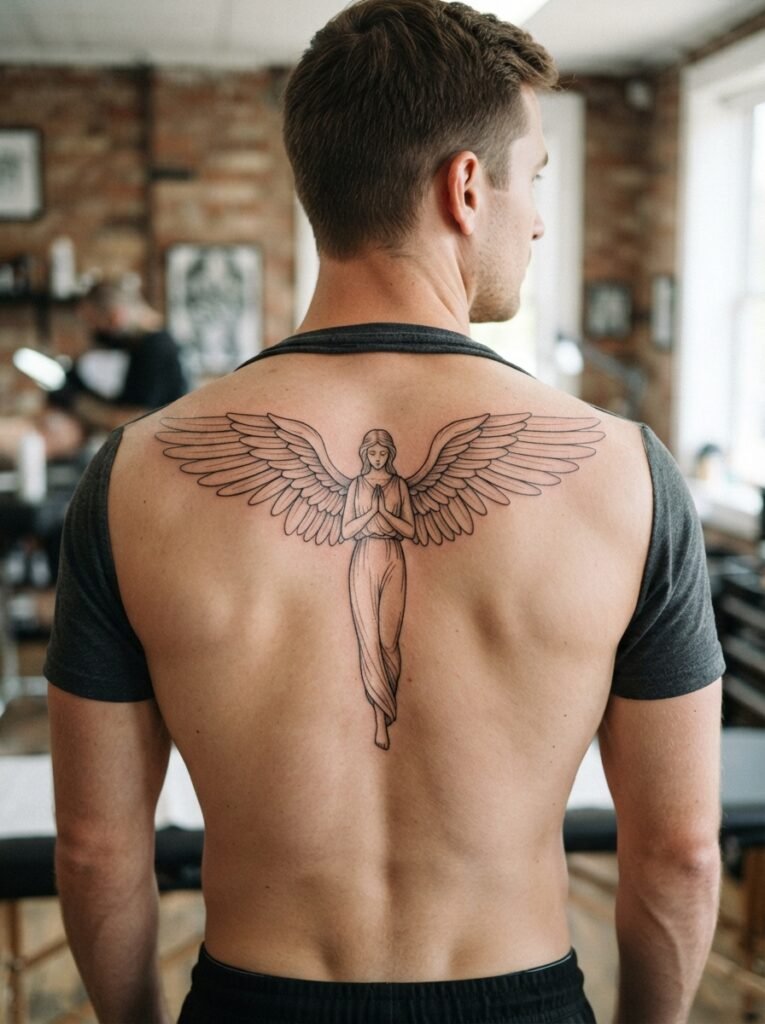 angel upper back tattoo