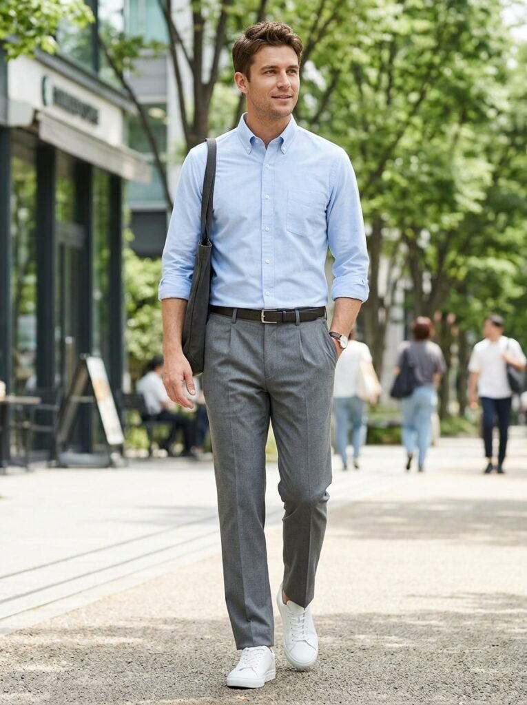 blue shirt grey trousers men