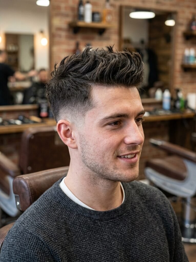 mid fade side-part spikes