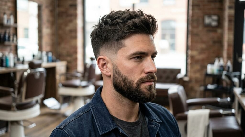 textured top with beard fade