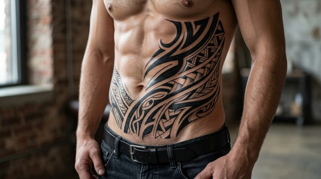 tribal blackwork belly tattoo