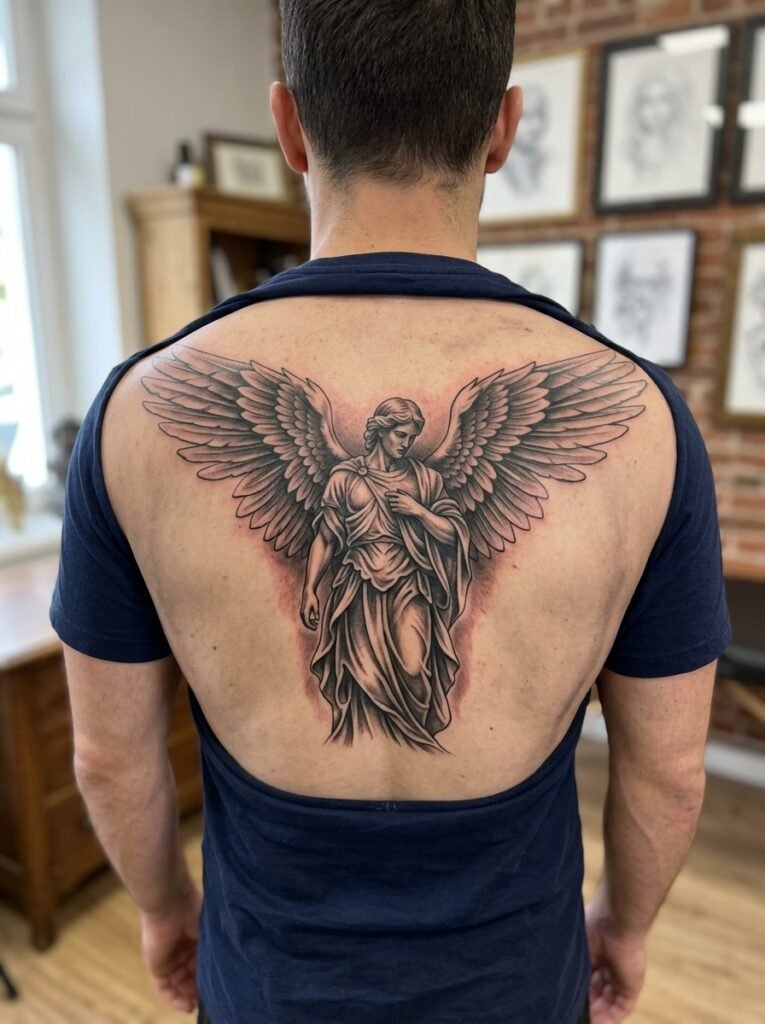 Upper back angel tattoo for men