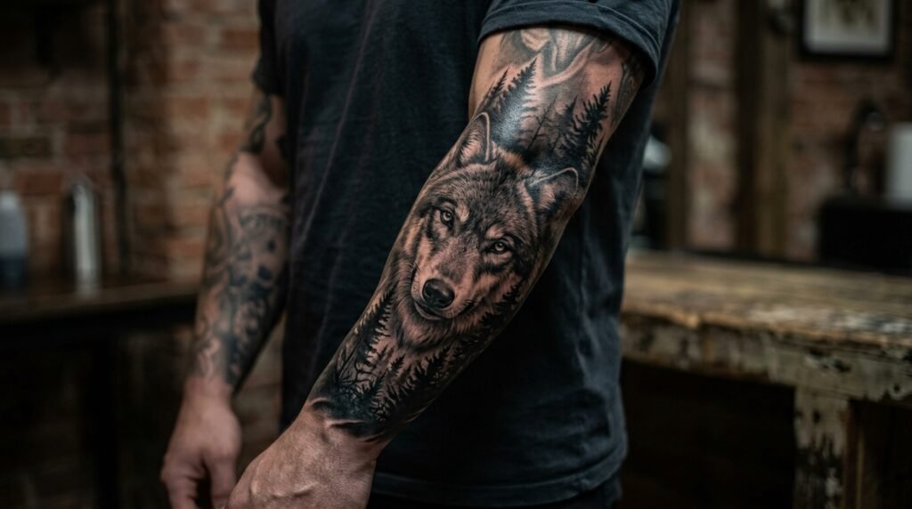 realistic wolf forearm tattoo