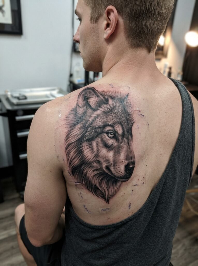 Realistic Black-and-Grey Wolf Head