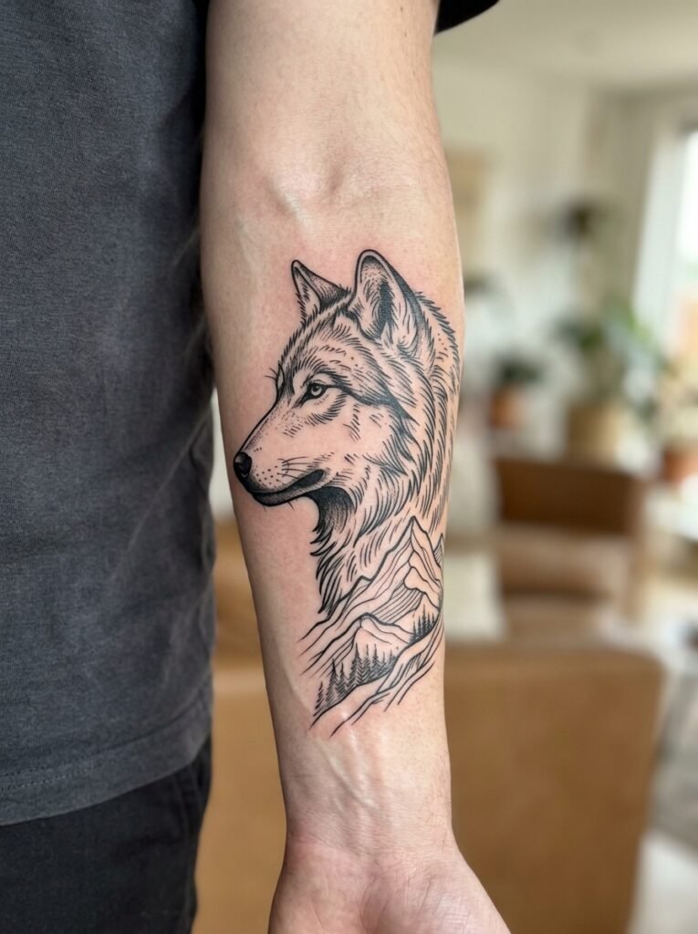 Wolf Profile With Layered Mountain Lines